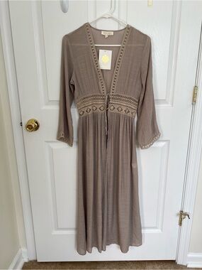 Boho Embroidered Taupe Maxi Dress